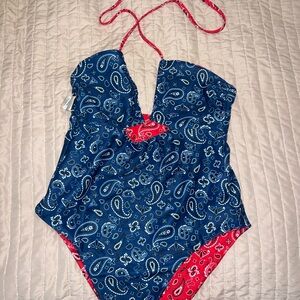 Womens Reversible Paisley One-Piece Swimsuit - Blue/Red